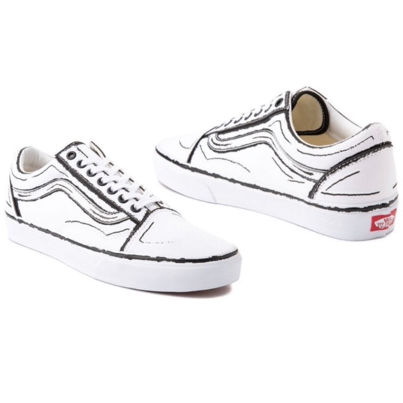 Vans Other - NIB VANS Custom Old Skool Cartoon Sketch True White Mens 7 Womens 8.5 Low Top